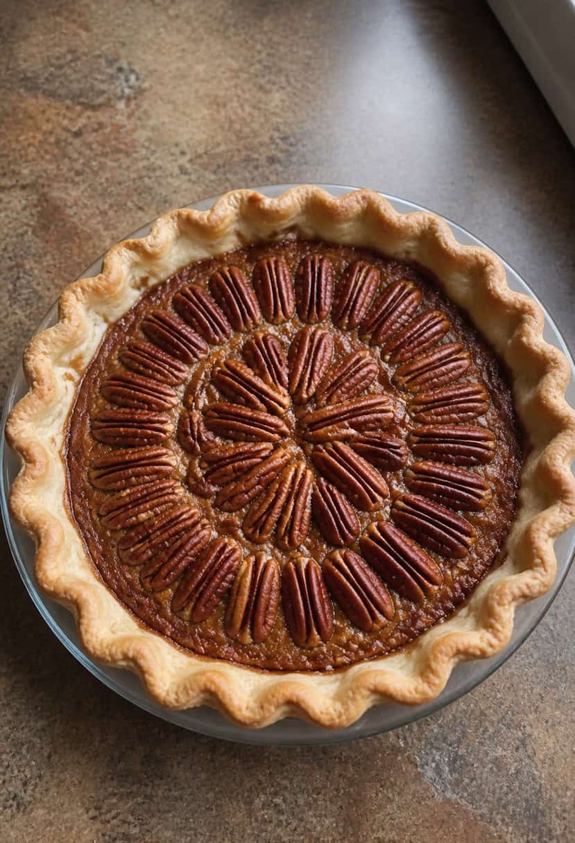 A golden-brown pecan pie sits on a rustic wooden table, surrounded by autumn leaves and a scattering of pecans