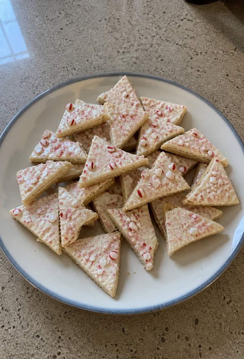 A festive kitchen scene with a plate of peppermint bark cookies surrounded by holiday decorations and ingredients