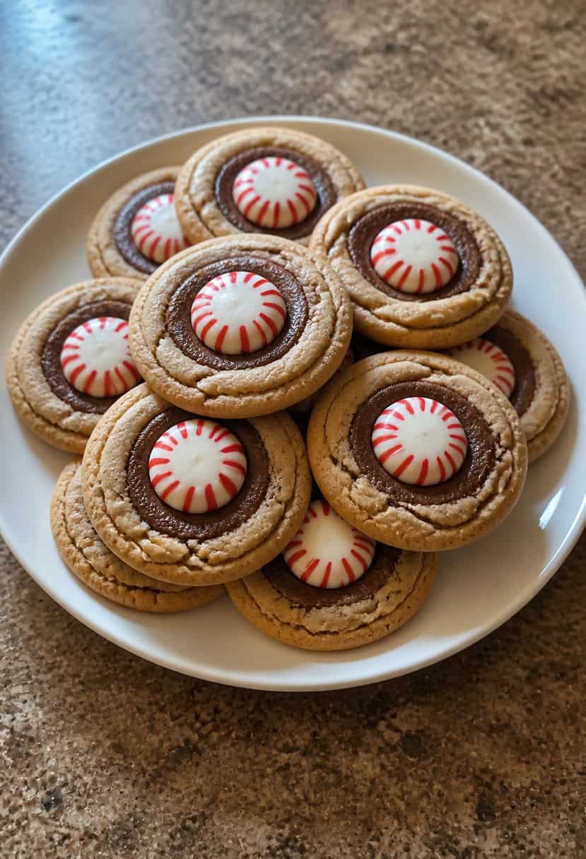 A festive kitchen scene with a plate of peppermint mocha cookies surrounded by holiday decorations and a steaming cup of coffee