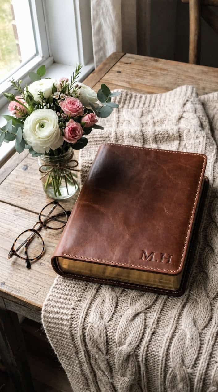 A personalized brown leather Bible cover with elegant stitching placed on a neutral surface, surrounded by flowers, reading glasses, and a knitted blanket.