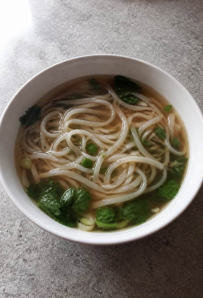 A steaming bowl of pho surrounded by fresh herbs and condiments on a rustic wooden table