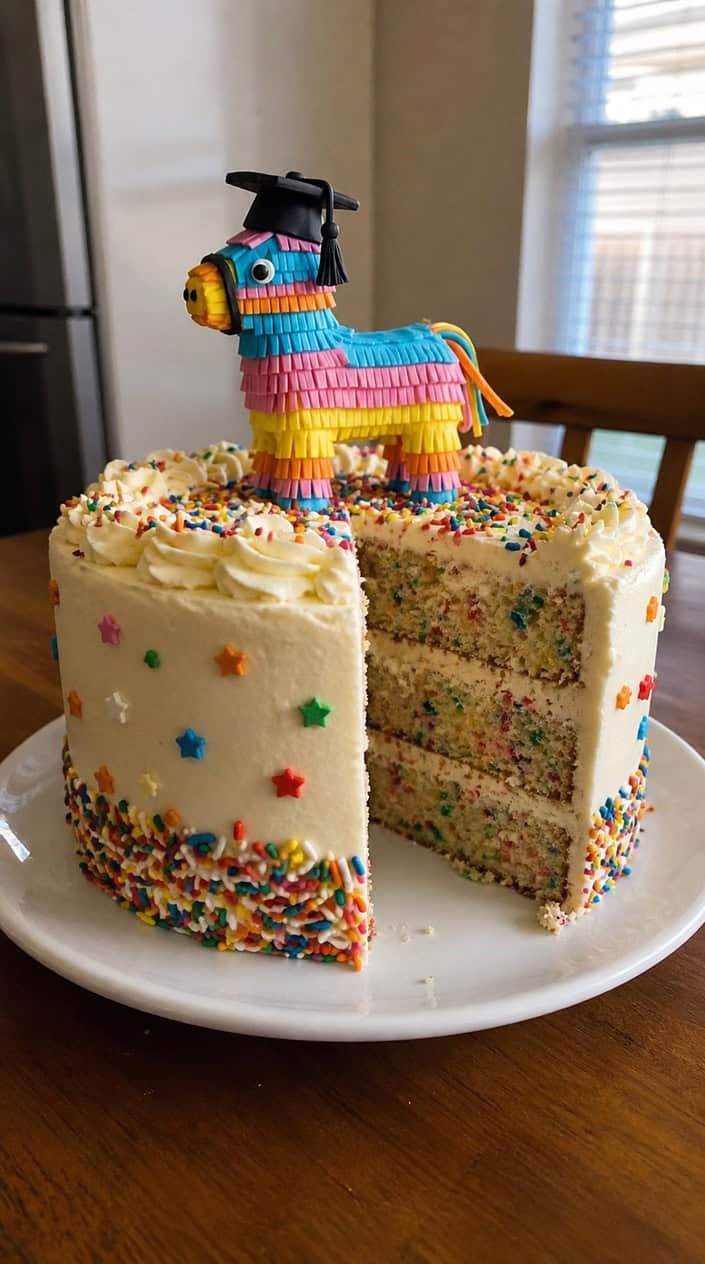 A colorful funfetti cake with a piñata decoration on top, surrounded by graduation-themed decorations on a wooden table.