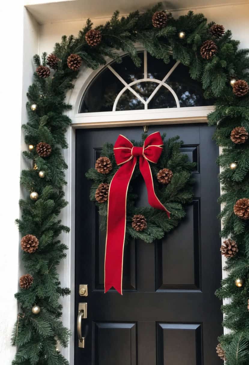 A pine garland with red bows hangs above a doorway, creating a festive and welcoming entryway for the holiday season
