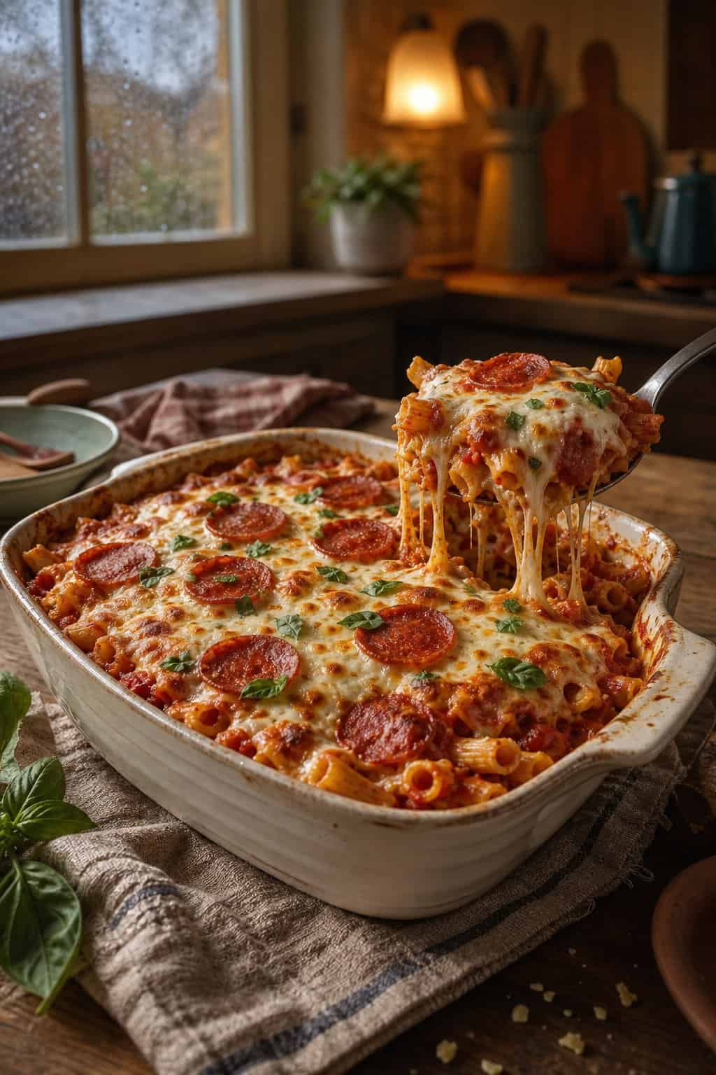 A bubbling pizza pasta casserole with saucy penne, melted mozzarella, and crisp-edged pepperoni slices in a deep white ceramic baking dish on a kitchen table.