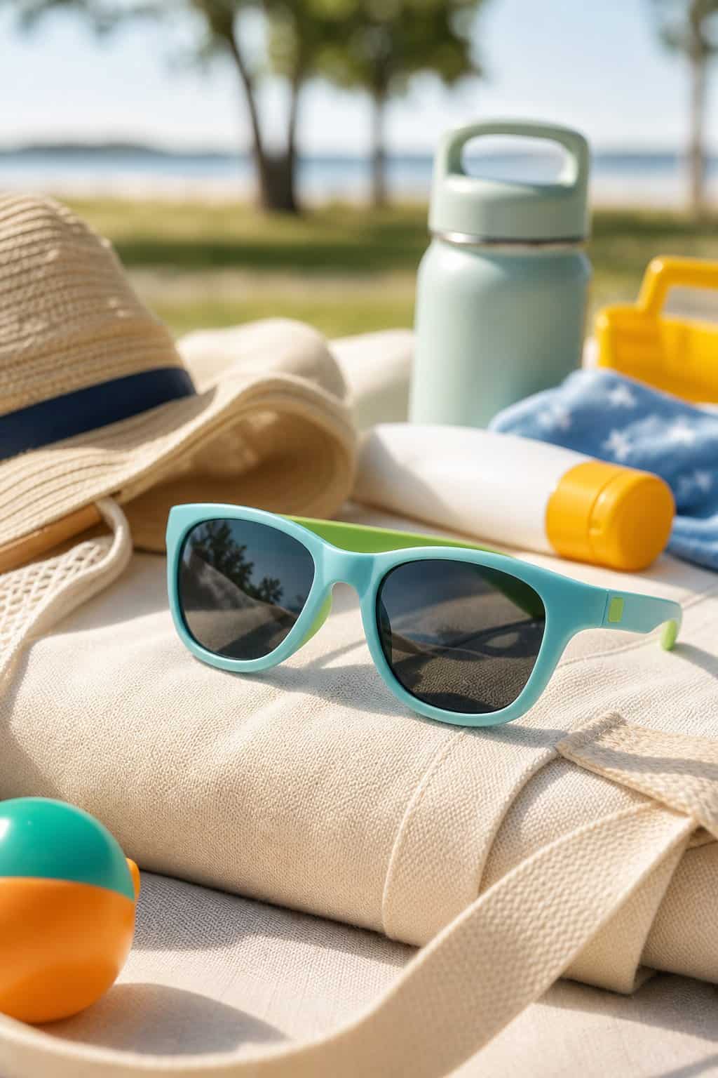 A pair of colorful polarized kids' sunglasses resting on top of a packed summer outing bag with family accessories visible nearby.