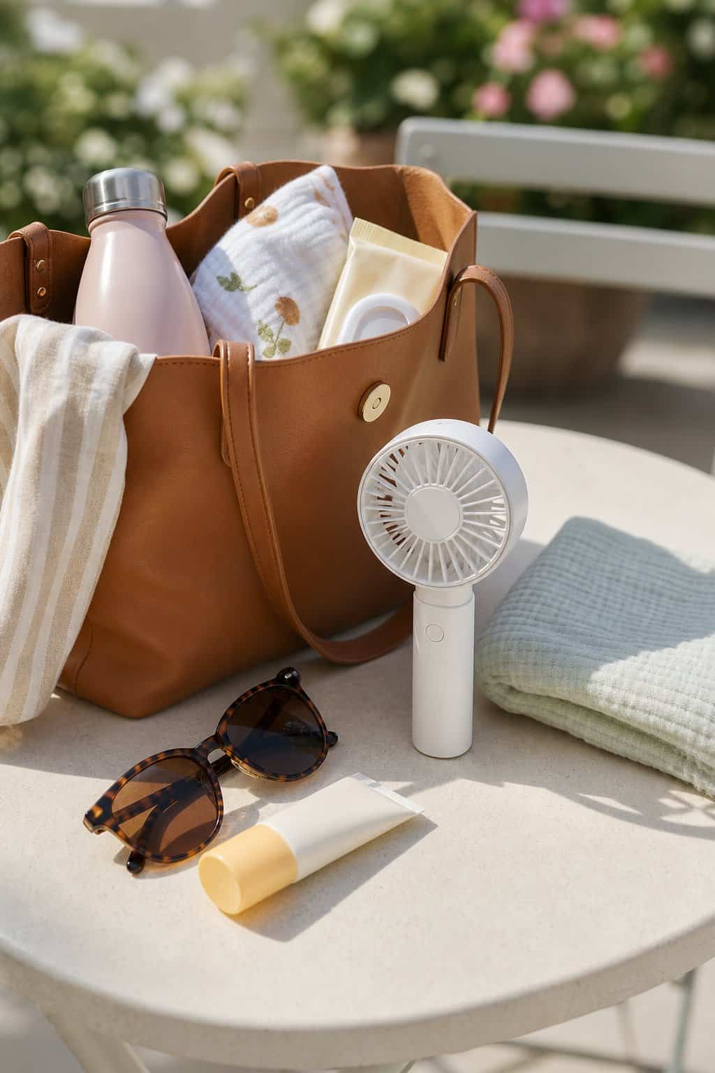 A small white portable handheld fan with a flat base standing upright beside an open mom bag and sunscreen on a sunny outdoor table.
