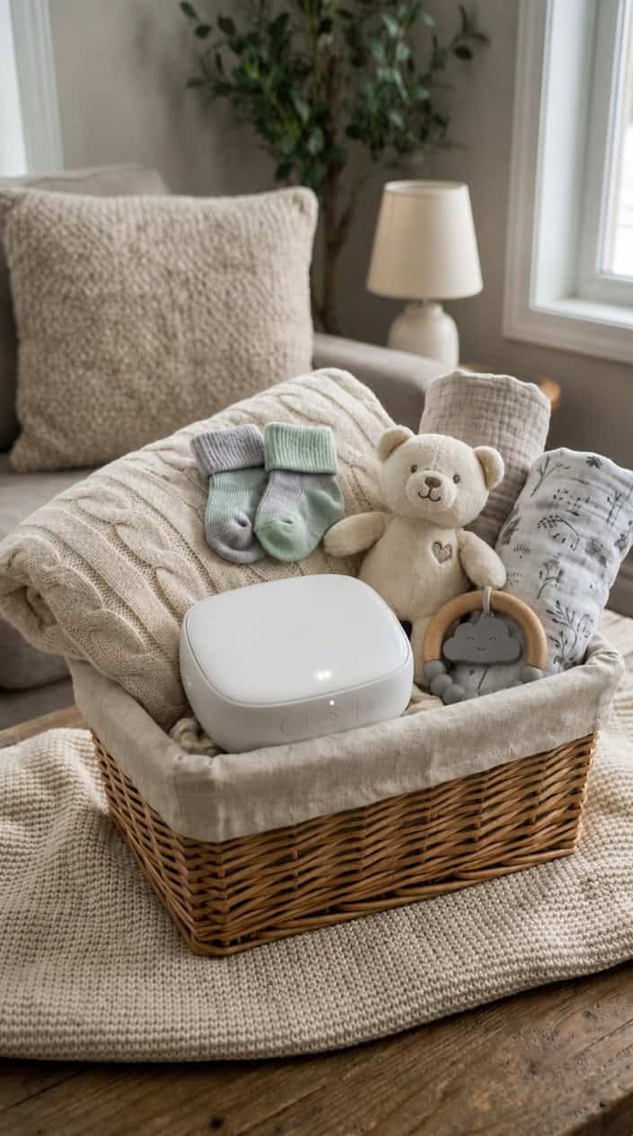 A baby shower gift basket featuring a portable white-noise machine surrounded by baby items like a blanket, socks, and a stuffed animal.