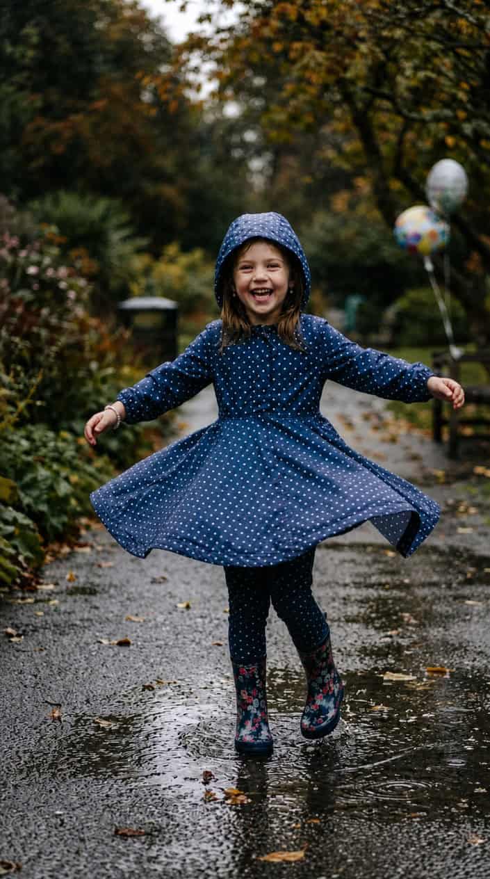 Little Girl Dress Styles for a Rainy Birthday Party 7 A young girl wearing a hooded dress is twirling happily outdoors on a rainy day with puddles around her.
