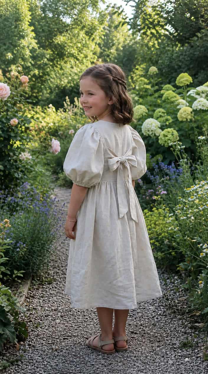 A young girl standing outdoors wearing a dress with puffed sleeves and a tied back, smiling gently.