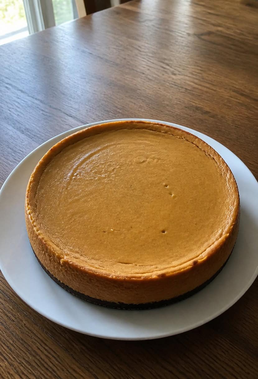 A festive Thanksgiving table with a decadent pumpkin cheesecake as the centerpiece, surrounded by autumnal decorations and other delicious dishes