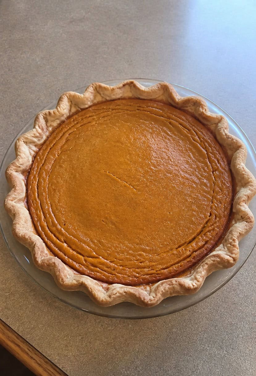 A rustic table set with a freshly baked pumpkin pie surrounded by autumn leaves and seasonal decorations