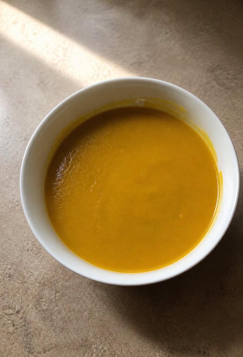 A steaming pot of pumpkin soup surrounded by fresh ingredients like pumpkins, onions, and herbs on a rustic kitchen counter