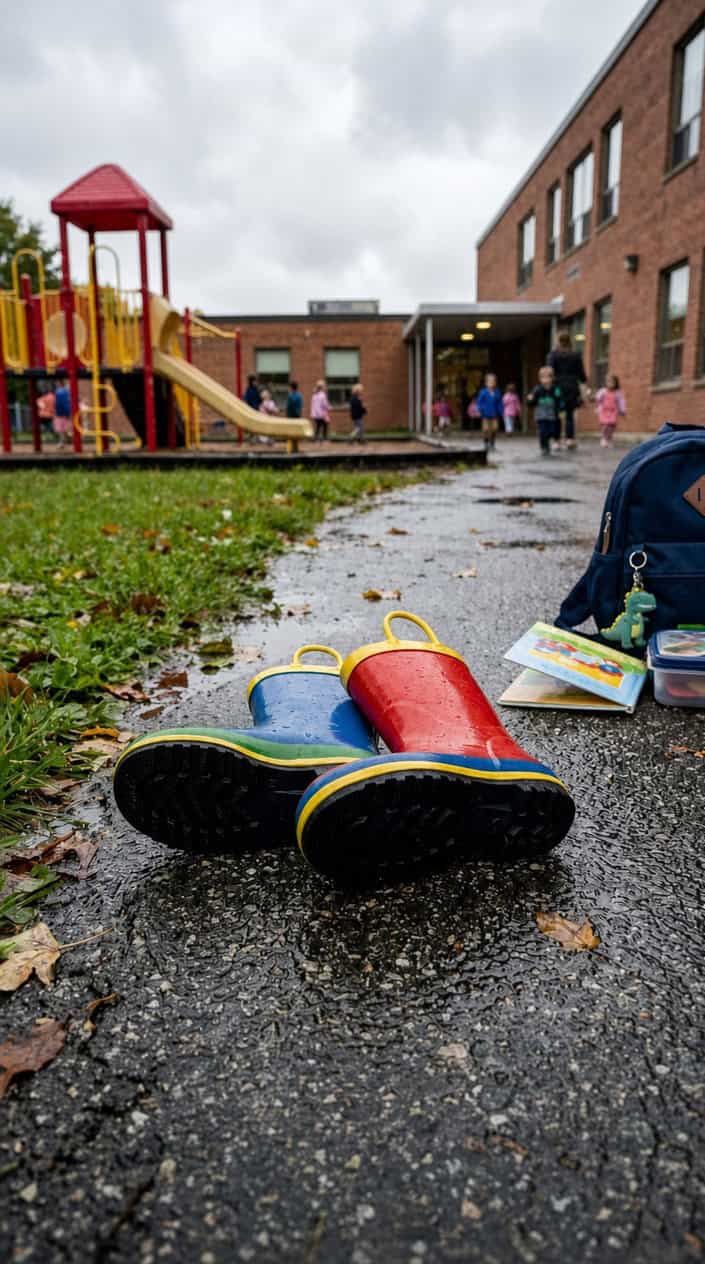 A pair of colorful children's rain boots with grippy soles placed outdoors on a wet surface near a school playground.
