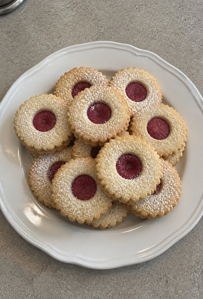 A festive holiday table with a plate of raspberry Linzer cookies surrounded by other Christmas cookie recipes