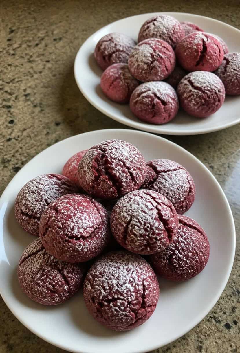 A festive table with a platter of red velvet snowball cookies surrounded by holiday decorations