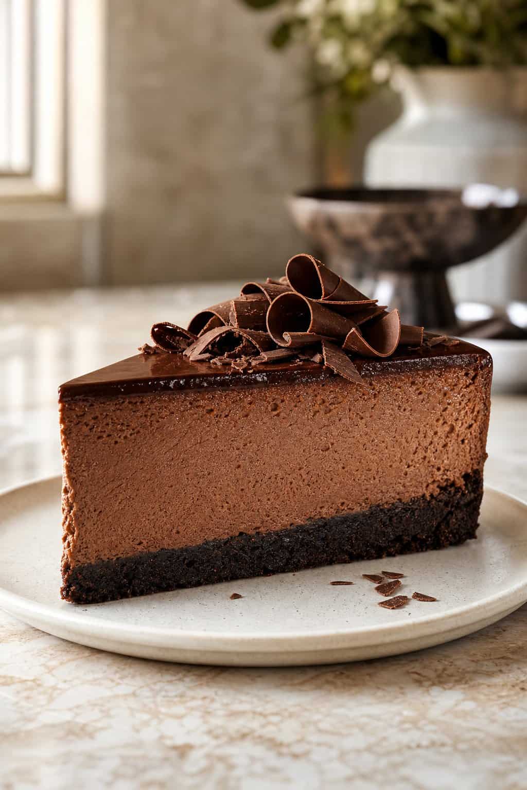 A slice of dark chocolate cheesecake with a chocolate sandwich cookie crust, glossy ganache top layer, and thin chocolate curl garnish on a ceramic dessert plate.