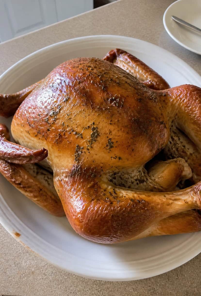 A golden-brown roast turkey glistening with herb-infused butter, surrounded by sprigs of fresh herbs and garnished with seasonal fruits and vegetables