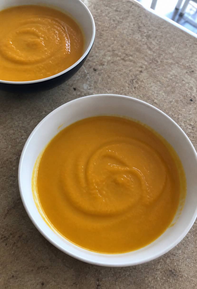 A steaming bowl of butternut squash soup surrounded by autumn leaves and a rustic Thanksgiving table setting