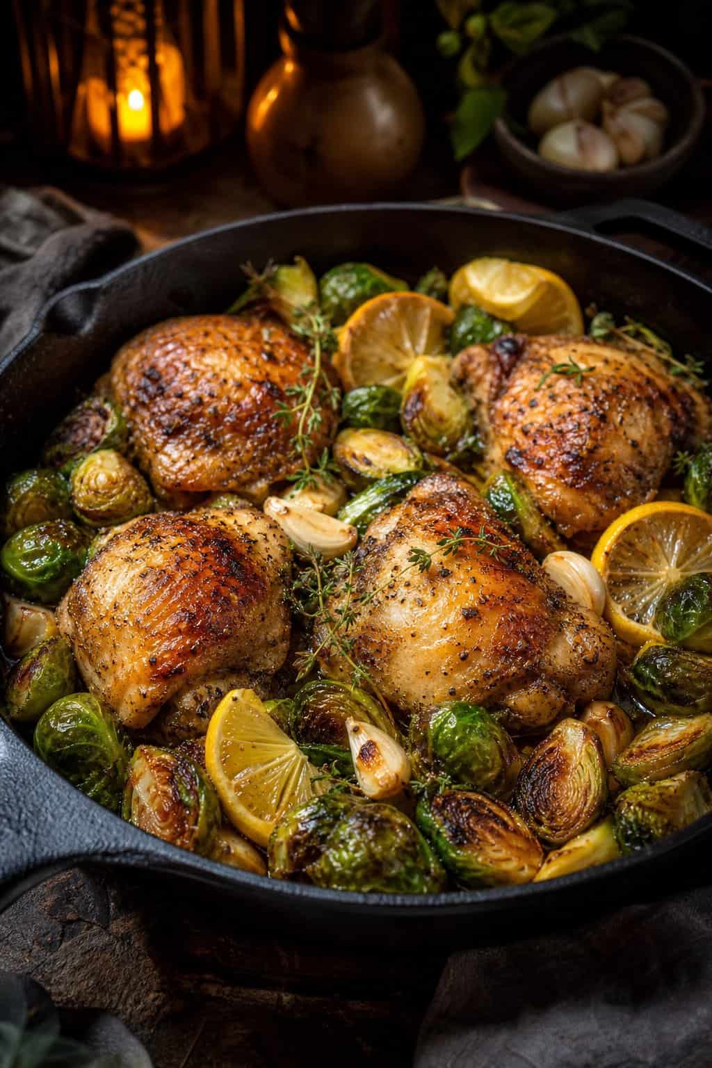 A parchment-lined sheet pan holding four roasted boneless chicken thighs surrounded by halved Brussels sprouts with browned cut edges and thin lemon slices tucked between them.