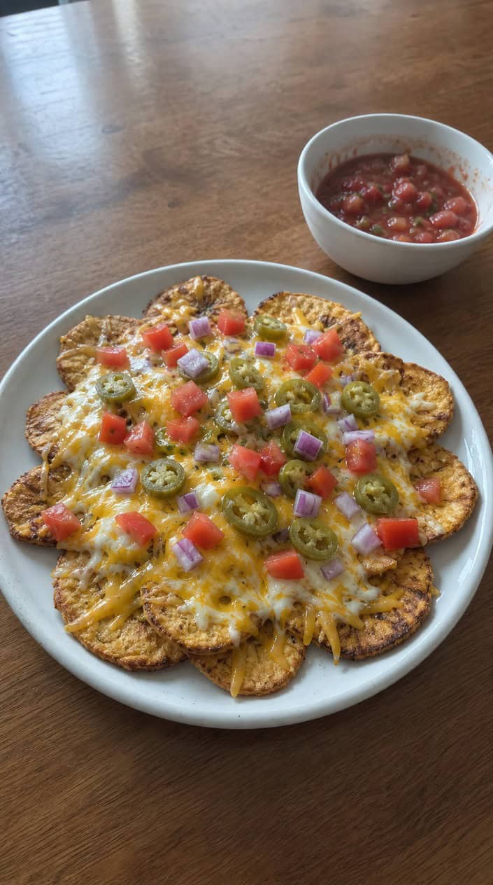 A sheet pan of roasted plantain slices topped with melted cheddar, black beans, and corn, with a small ceramic bowl of red salsa and a sprinkle of cilantro on a wood surface.