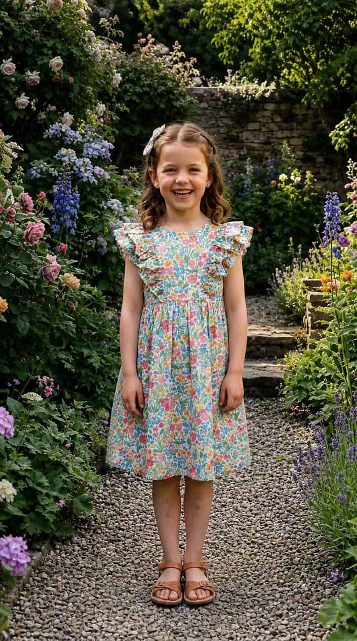 A young girl standing outdoors in a garden wearing a dress with ruffled sleeves and a colorful patterned fabric, smiling and posing confidently.