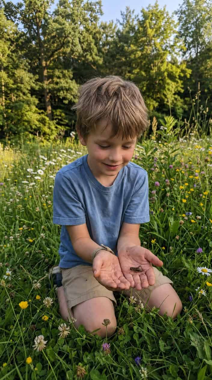 Short Moral Stories for Kids 6 A young boy gently holding a small cricket in his hands outdoors surrounded by grass and flowers.