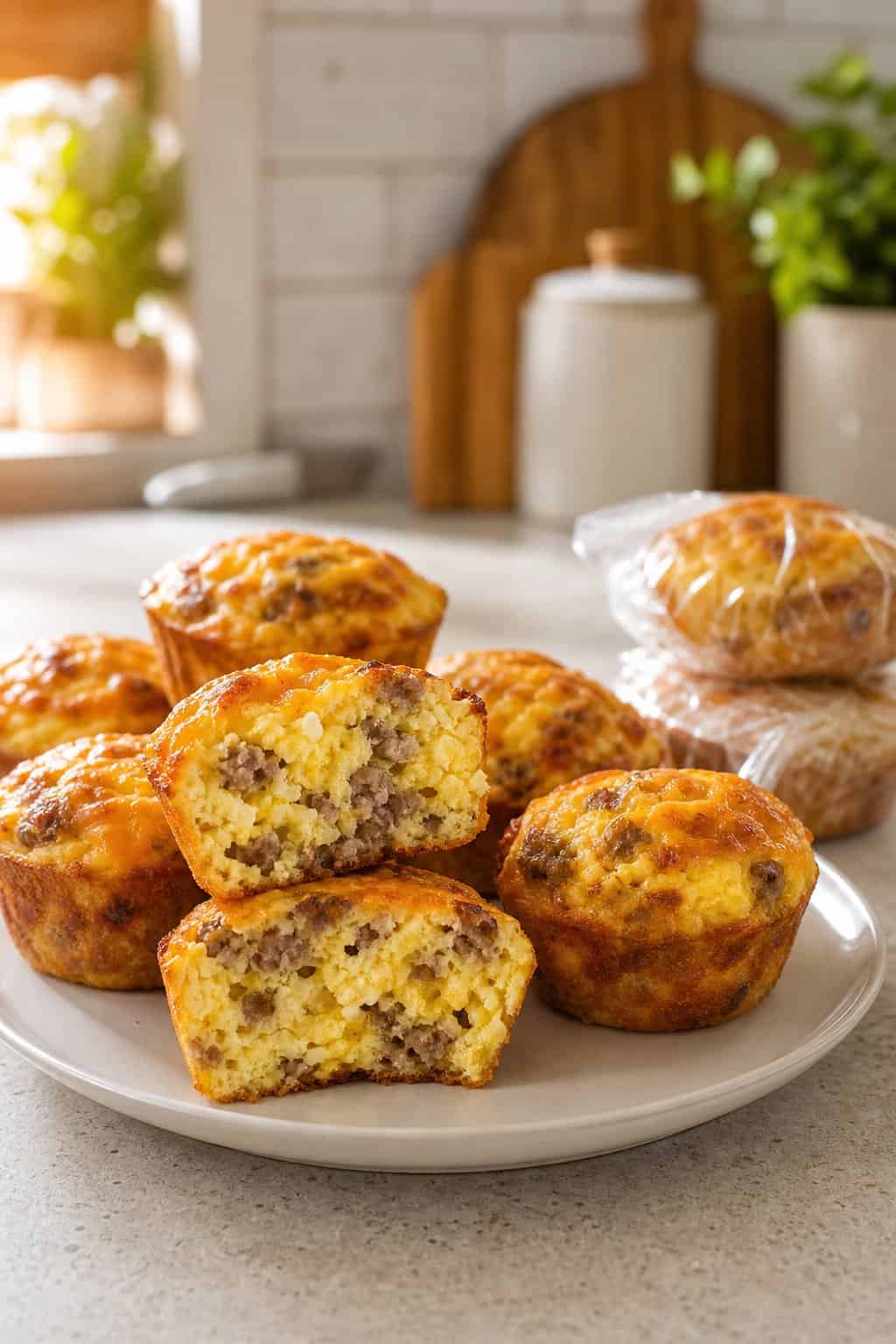Sausage, egg, and cheese breakfast muffins arranged on a white ceramic platter, with one muffin cut open to show layers of crumbled sausage, scrambled egg, and melted cheddar.