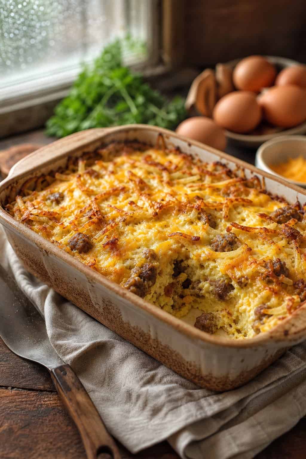 A golden sausage, egg, and hash brown casserole with crispy browned edges and a set custardy center in a glass baking dish on a kitchen table.