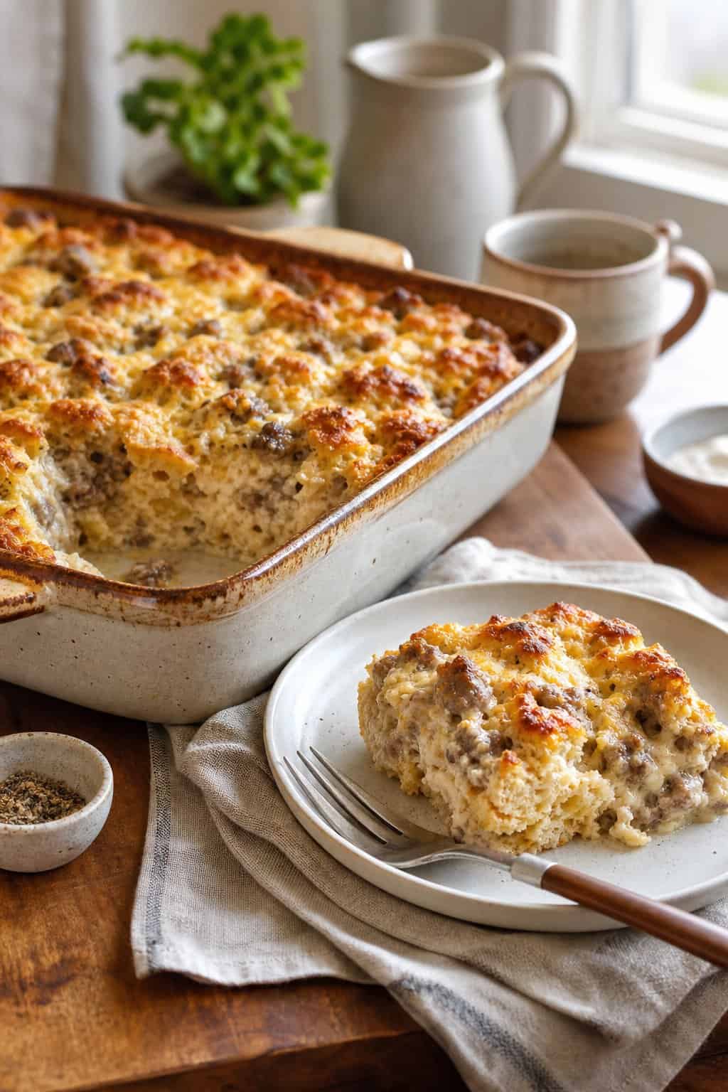 A golden-topped sausage gravy breakfast casserole baked in a deep ceramic dish, with one serving lifted onto a white plate beside it.