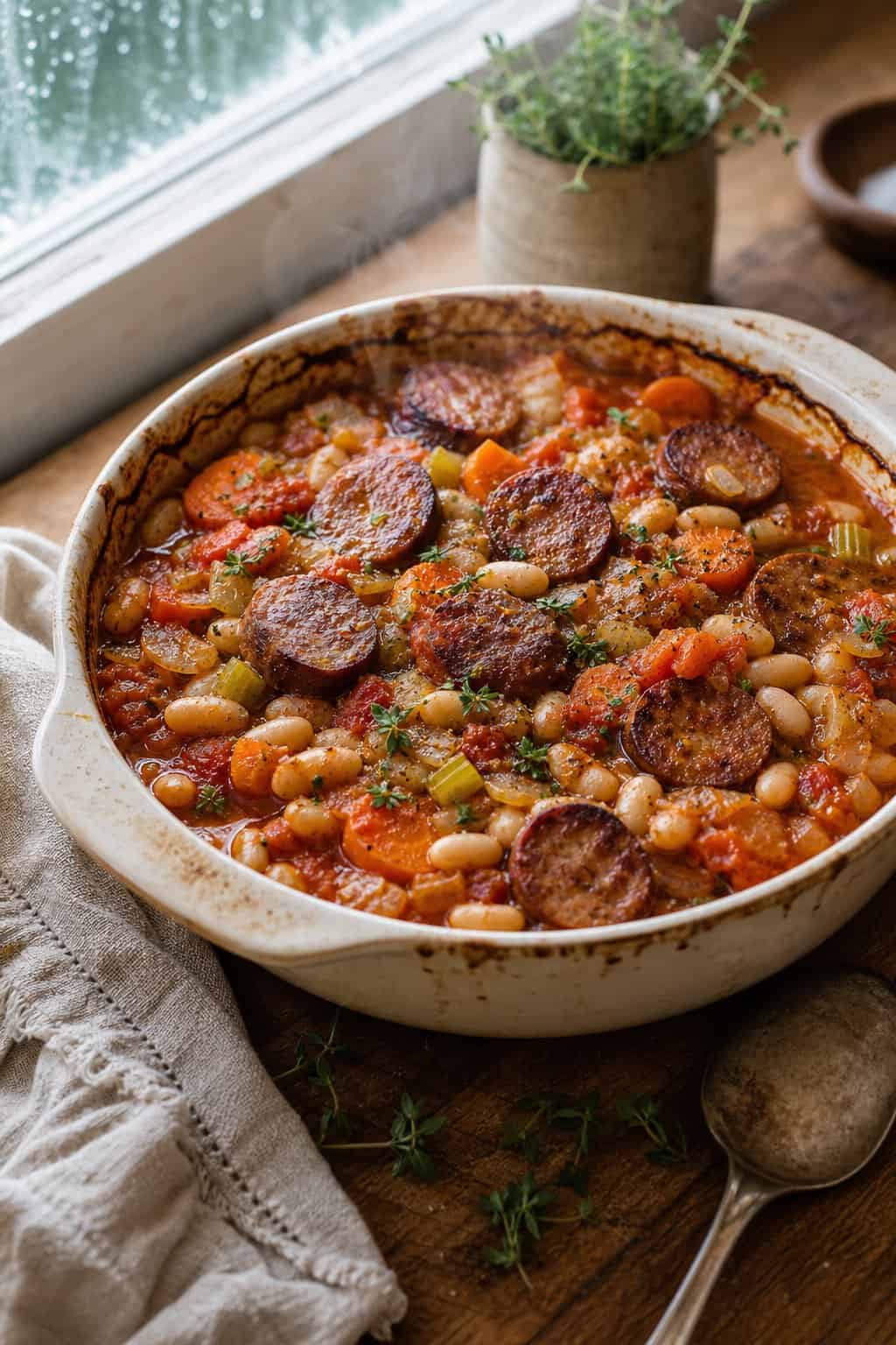 A steaming sausage and white bean casserole with sliced smoked sausage, pale cannellini beans, diced tomatoes, and wilted spinach in a deep cream ceramic baking dish on a wooden table.