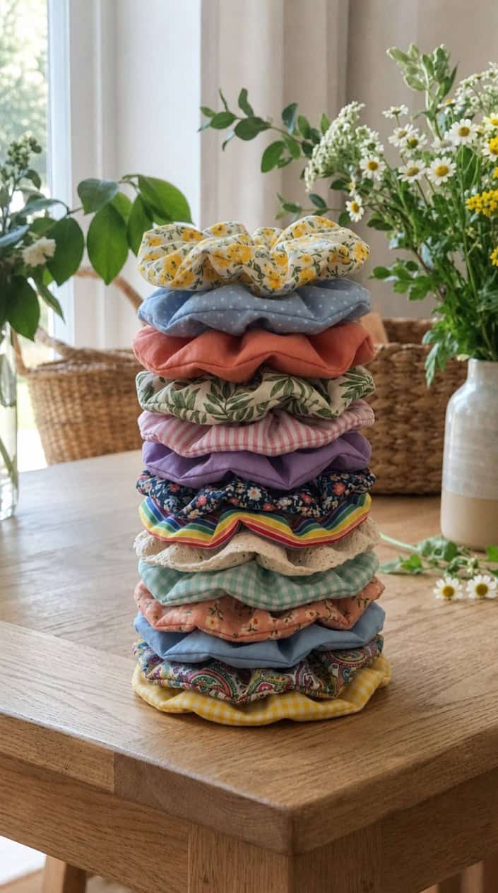 A stack of colorful cotton scrunchies arranged on a light wooden surface with soft natural light and a blurred background with green leaves.