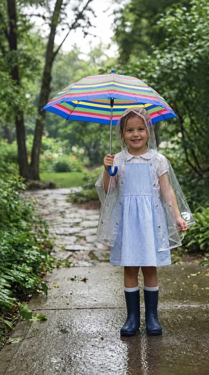 Little Girl Dress Styles for a Rainy Birthday Party 4 A young girl wearing a striped dress and clear rain cape stands outdoors in the rain holding an umbrella.
