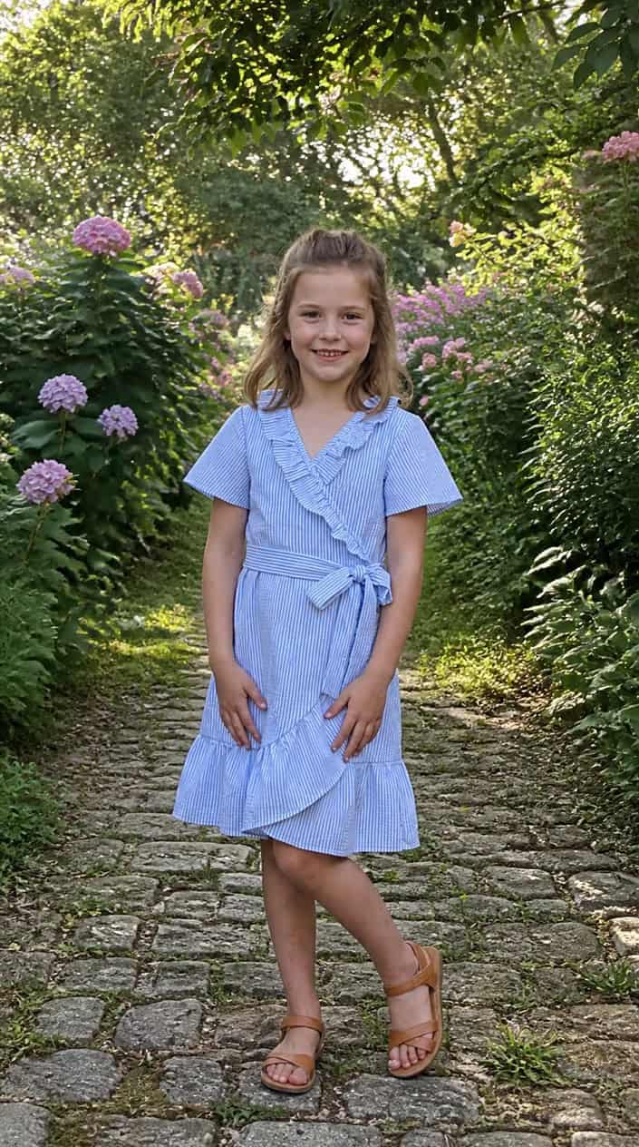 A young girl standing outdoors wearing a light blue and white striped dress with ruffles, smiling gently with greenery in the background.