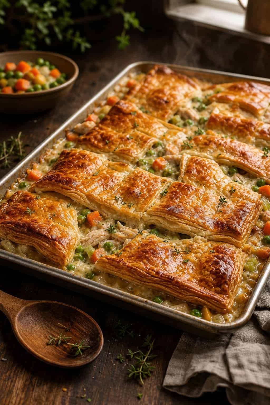 A deep sheet pan holding a golden puff pastry crust that's puffed and browned at the edges, with creamy chicken and vegetable filling visible through three small steam vents.