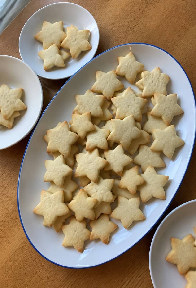A festive table spread with a variety of shortbread star-shaped cookies, surrounded by holiday decorations and twinkling lights