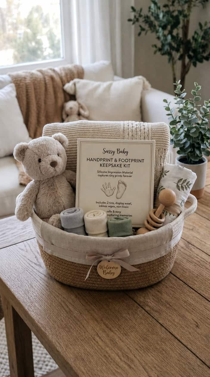 A baby shower gift basket featuring a silicone handprint kit surrounded by baby items like a teddy bear, socks, a rattle, and a blanket on a wooden table.