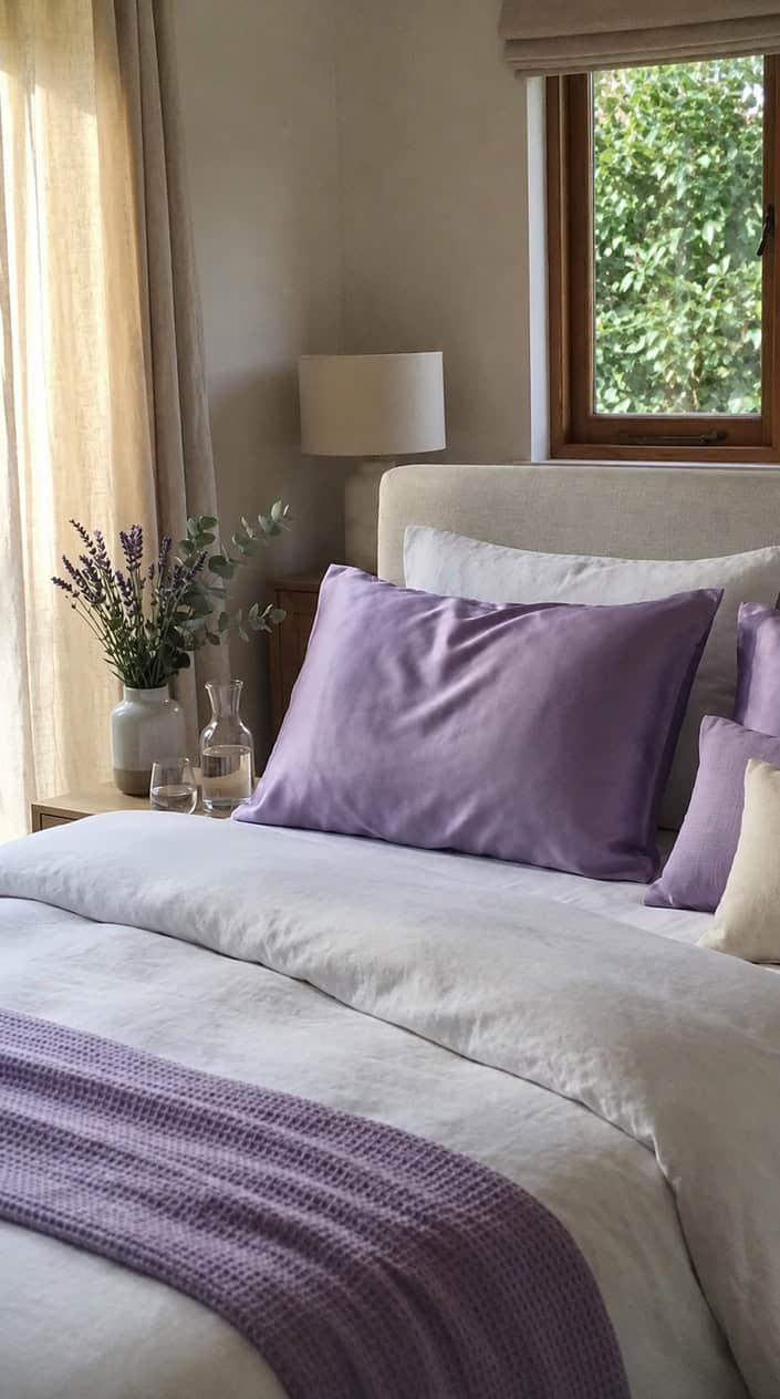 A lavender silk pillowcase on a neatly made bed with white linens in a softly lit bedroom.