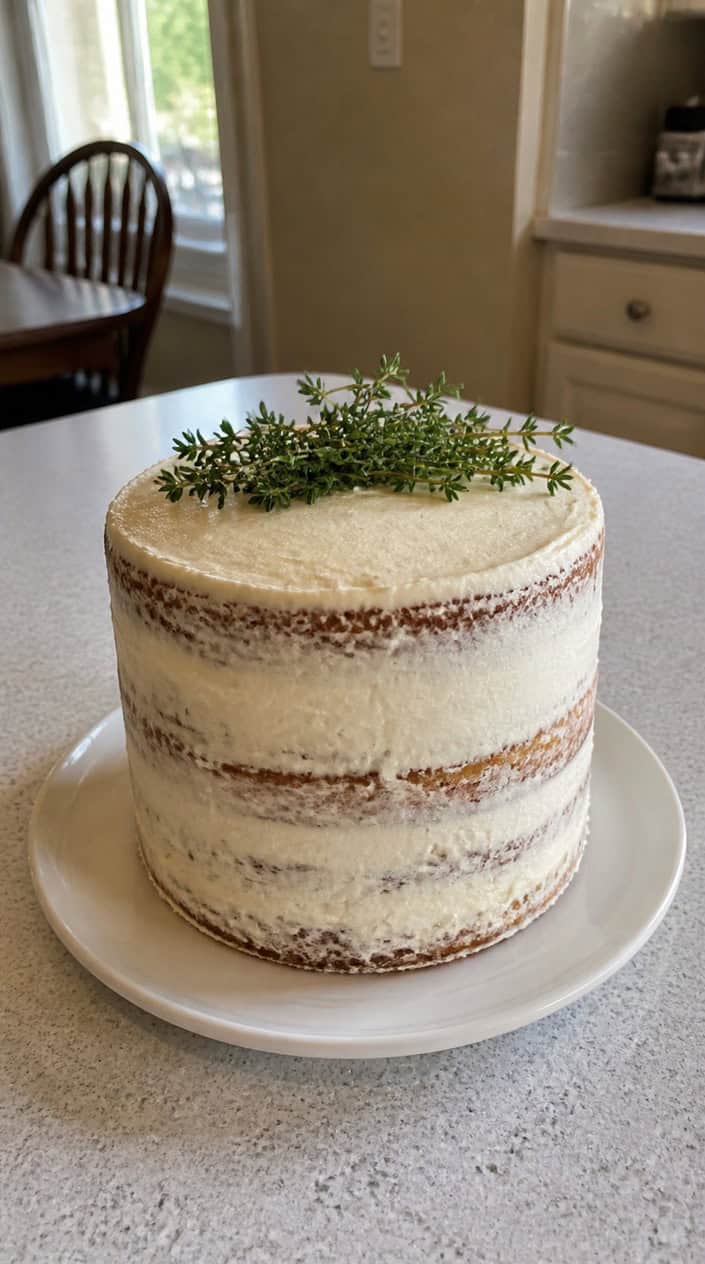 A single-tier semi-naked cake decorated with fresh thyme on a wooden cake stand.