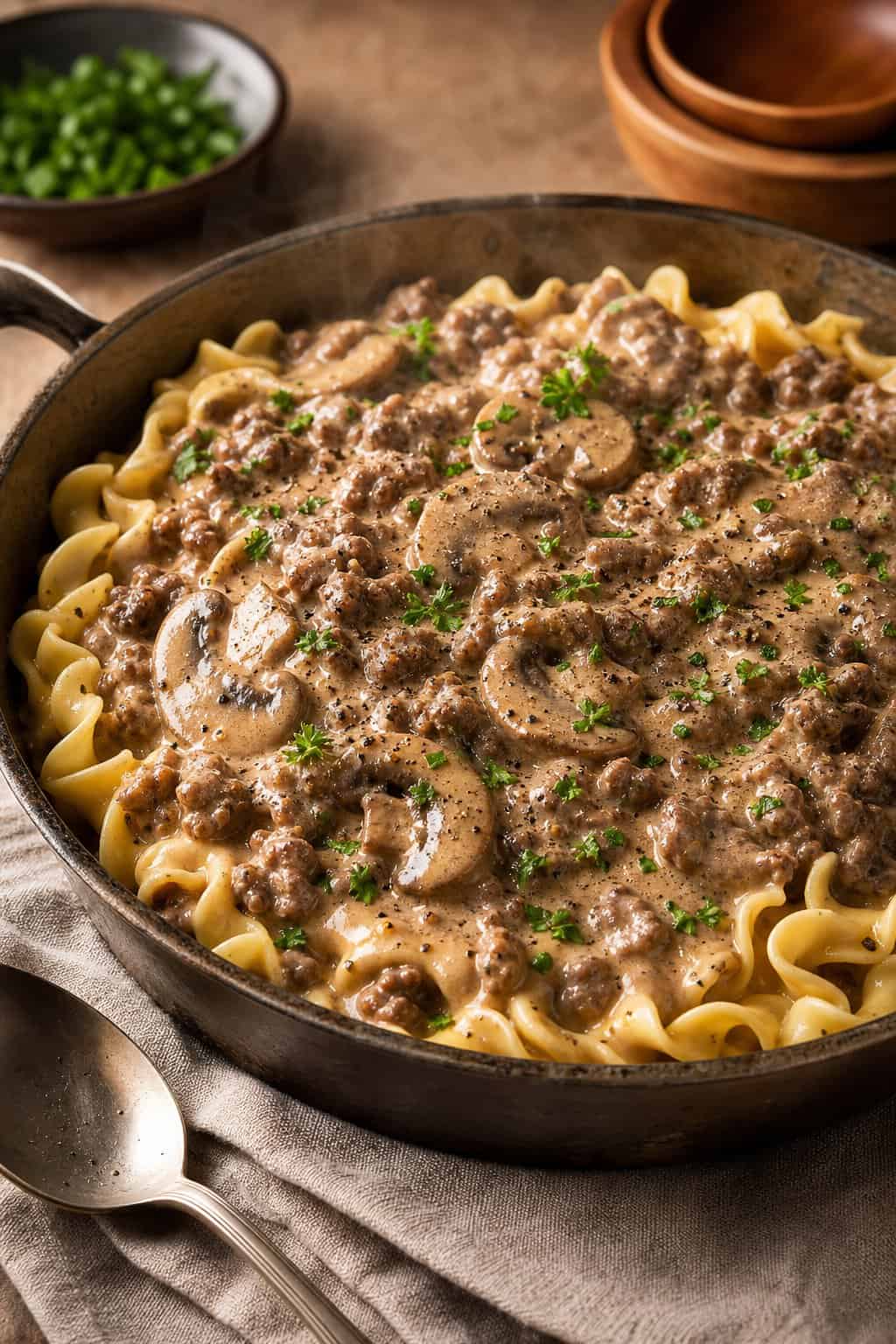 20 Ground Beef Dinners That Stretch One Pound 16 A stainless skillet of creamy pale brown ground beef and mushroom stroganoff sauce spooned over a nest of wide egg noodles, photographed close up.