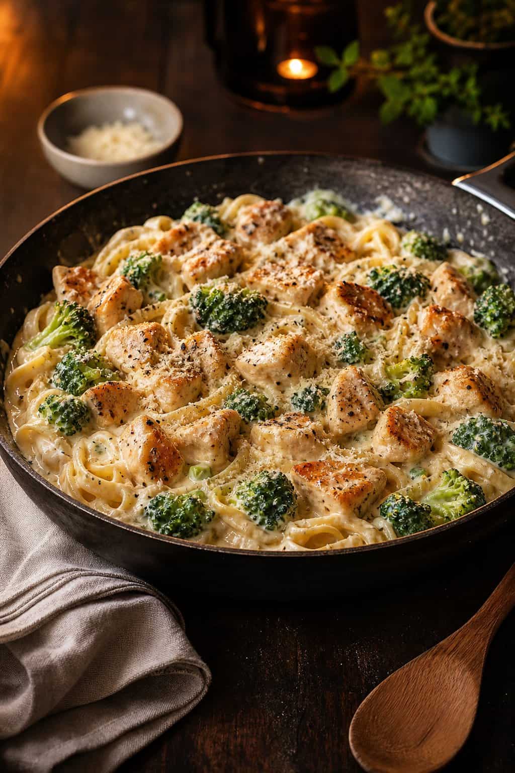 A wide shallow skillet on a warm kitchen table filled with creamy fettuccine, chunks of cooked chicken breast, and bright green broccoli florets coated in glossy white Alfredo sauce.