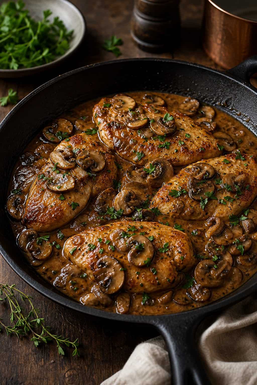 A wide stainless skillet with four thin golden-brown chicken breast cutlets and densely packed sliced brown mushrooms bathed in a deep amber glossy Marsala cream sauce, scattered with chopped parsley.