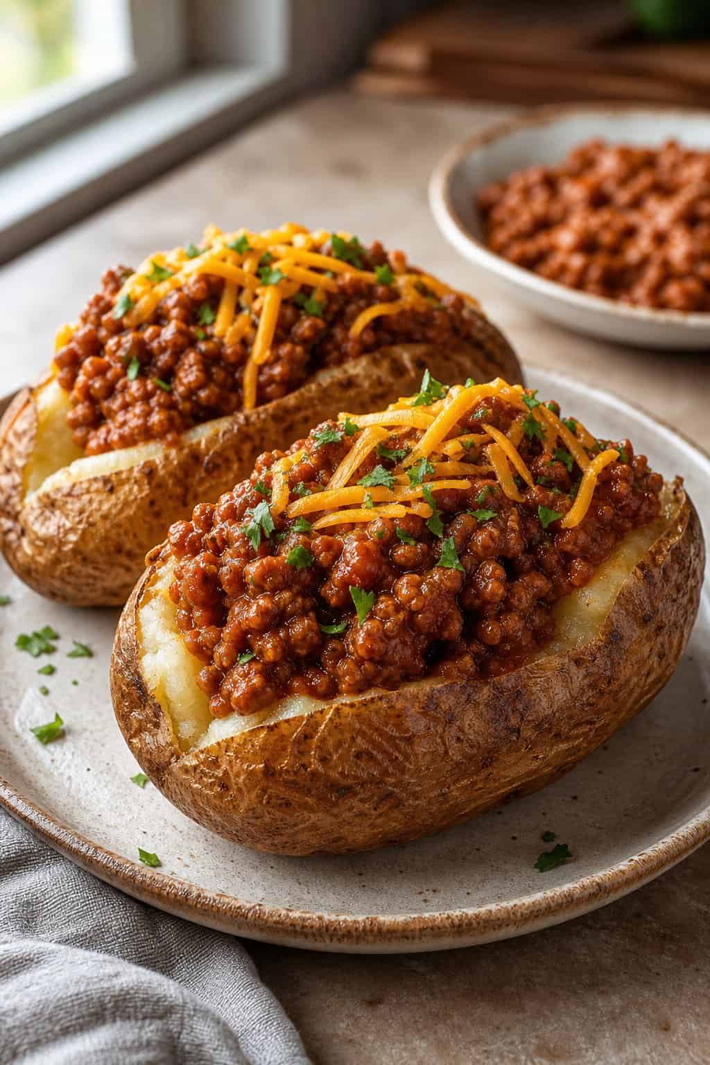 20 Ground Beef Dinners That Stretch One Pound 7 Two large split russet potatoes with fluffy white centers piled high with saucy dark ground beef and a scattering of fresh parsley and melted cheddar on a white plate.