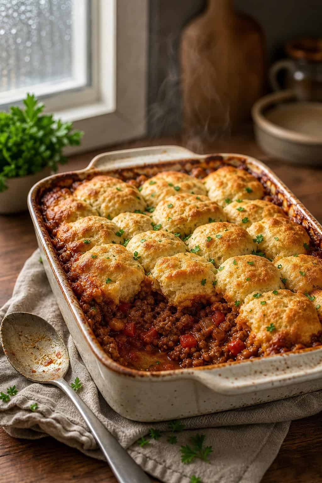 A deep-dish biscuit-topped Sloppy Joe casserole with golden-brown biscuits over a glossy reddish-brown beef sauce in a cast iron baking dish on a kitchen table.