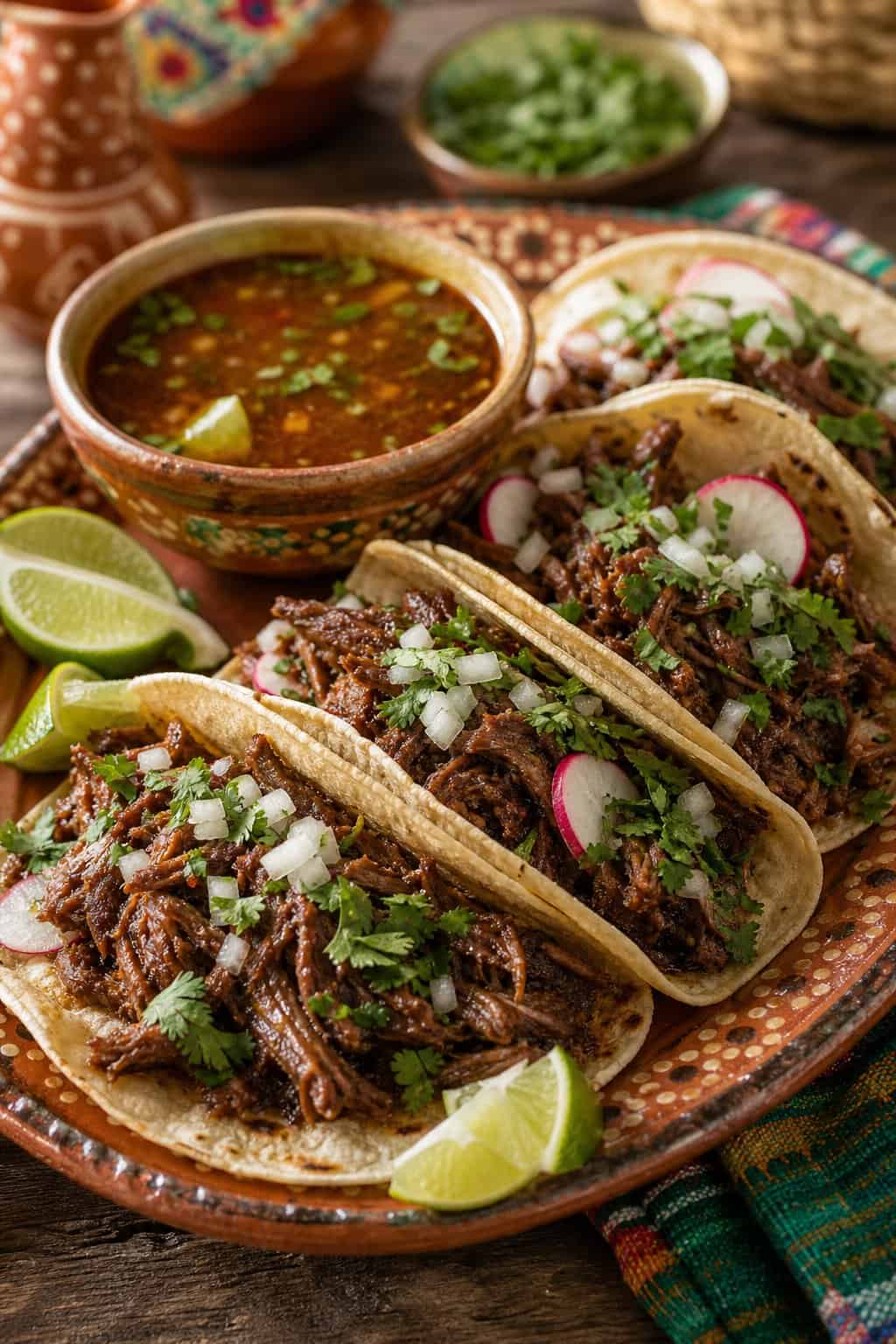 A platter of shredded beef barbacoa tacos in small corn tortillas, topped with white diced onion and fresh cilantro, with lime wedges and a small dish of salsa on the side.