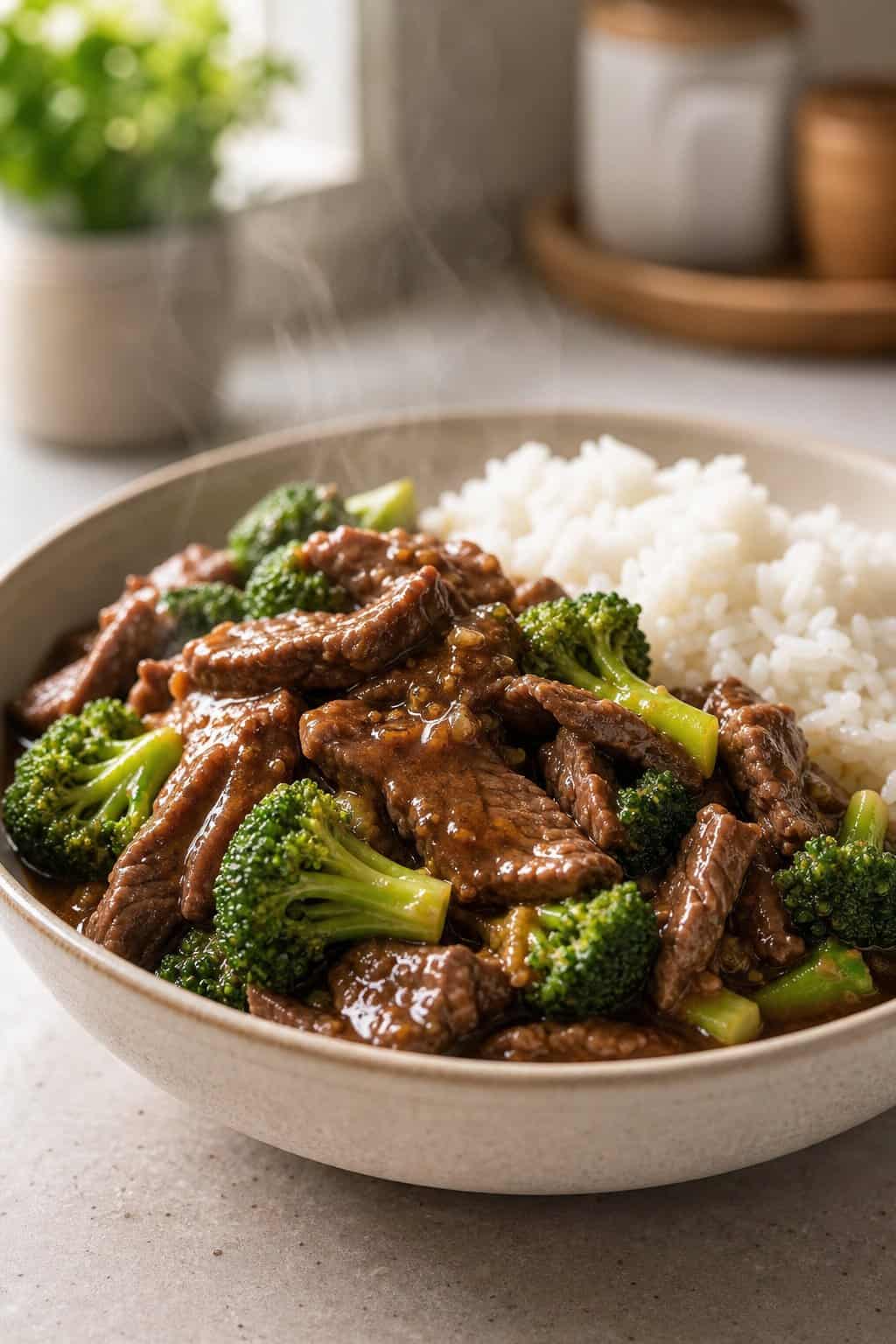 A bowl of saucy slow-cooker beef and broccoli with glossy dark sauce over white rice, broccoli florets still bright green.