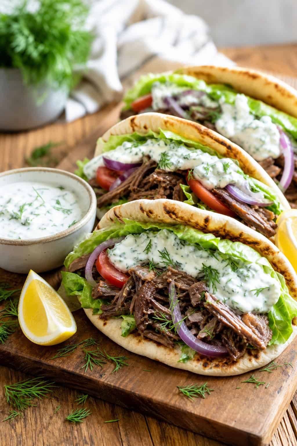 Beef gyros with shredded lettuce, sliced cucumber, tomato, and a generous spoonful of tzatziki arranged on warm pita on a wooden serving board.