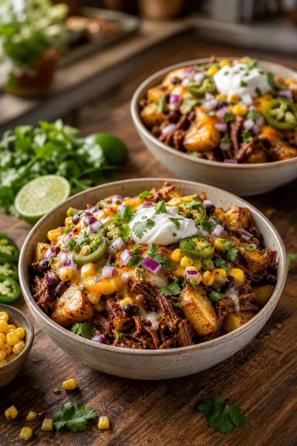 Two white bowls of shredded taco-spiced beef and halved baby potatoes topped with shredded cheddar, a dollop of sour cream, corn, sliced jalapenos, diced onion, and fresh cilantro.