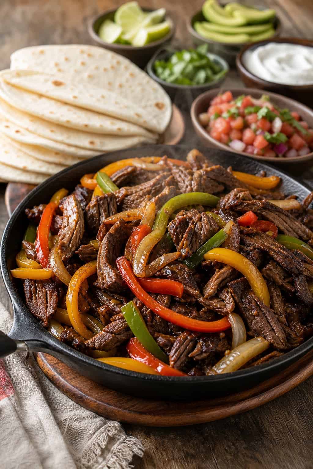 A spread of slow-cooker beef and pepper fajitas with warm flour tortillas, sliced avocado, fresh lime wedges, cilantro, and colorful bell pepper strips on a casual dinner table.