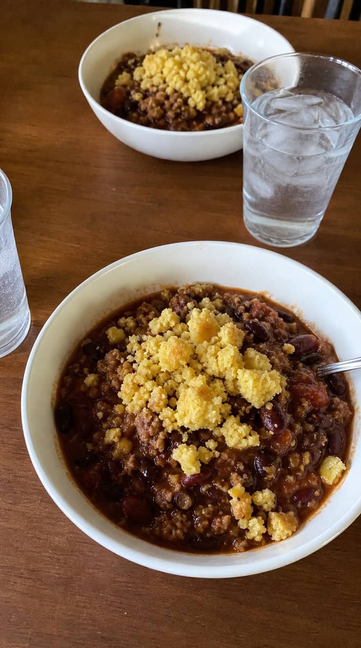 A slow-cooker filled with chili and a bowl of crumbled cornbread topping on a wooden table with small bowls of cheese, green onions, and sour cream nearby.