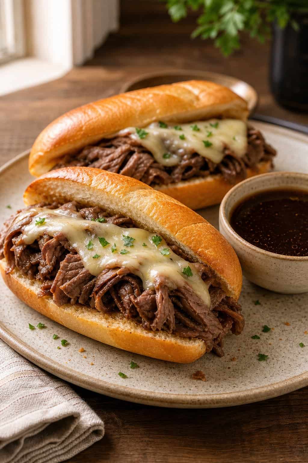 Two toasted hoagie rolls stuffed with shredded beef and melted provolone, served beside small white ramekins of dark au jus.